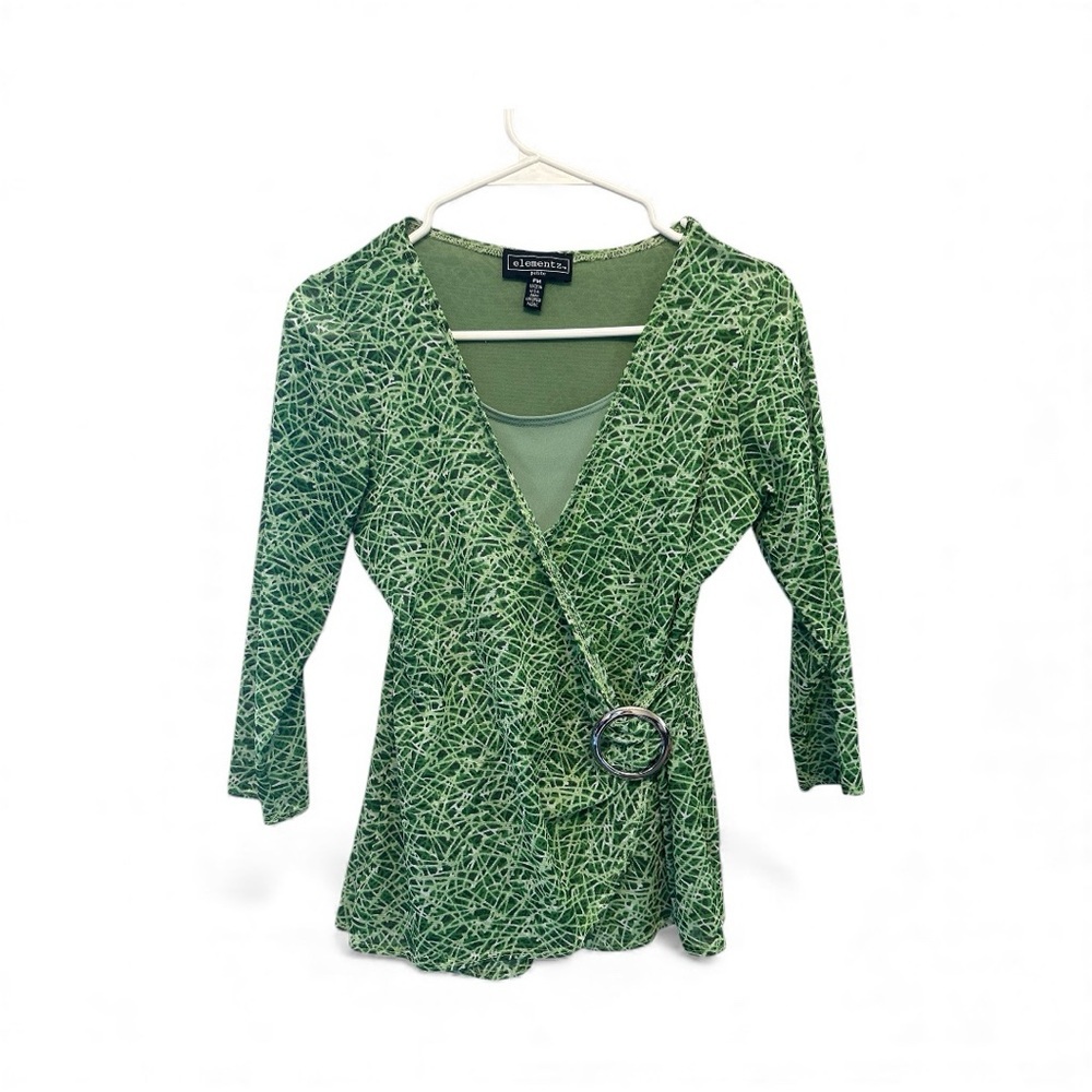 Vintage Y2K Era Elementz Green Wrap Blouse w/ Metal Ring Detail Petite Medium